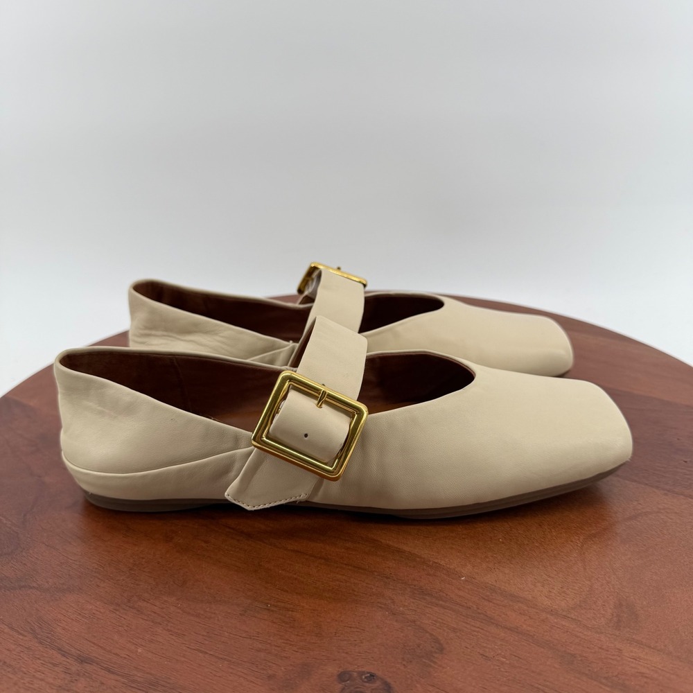 Franco Sarto Mary Jane Flats Beige Leather Square Toe Buckle Women 8M